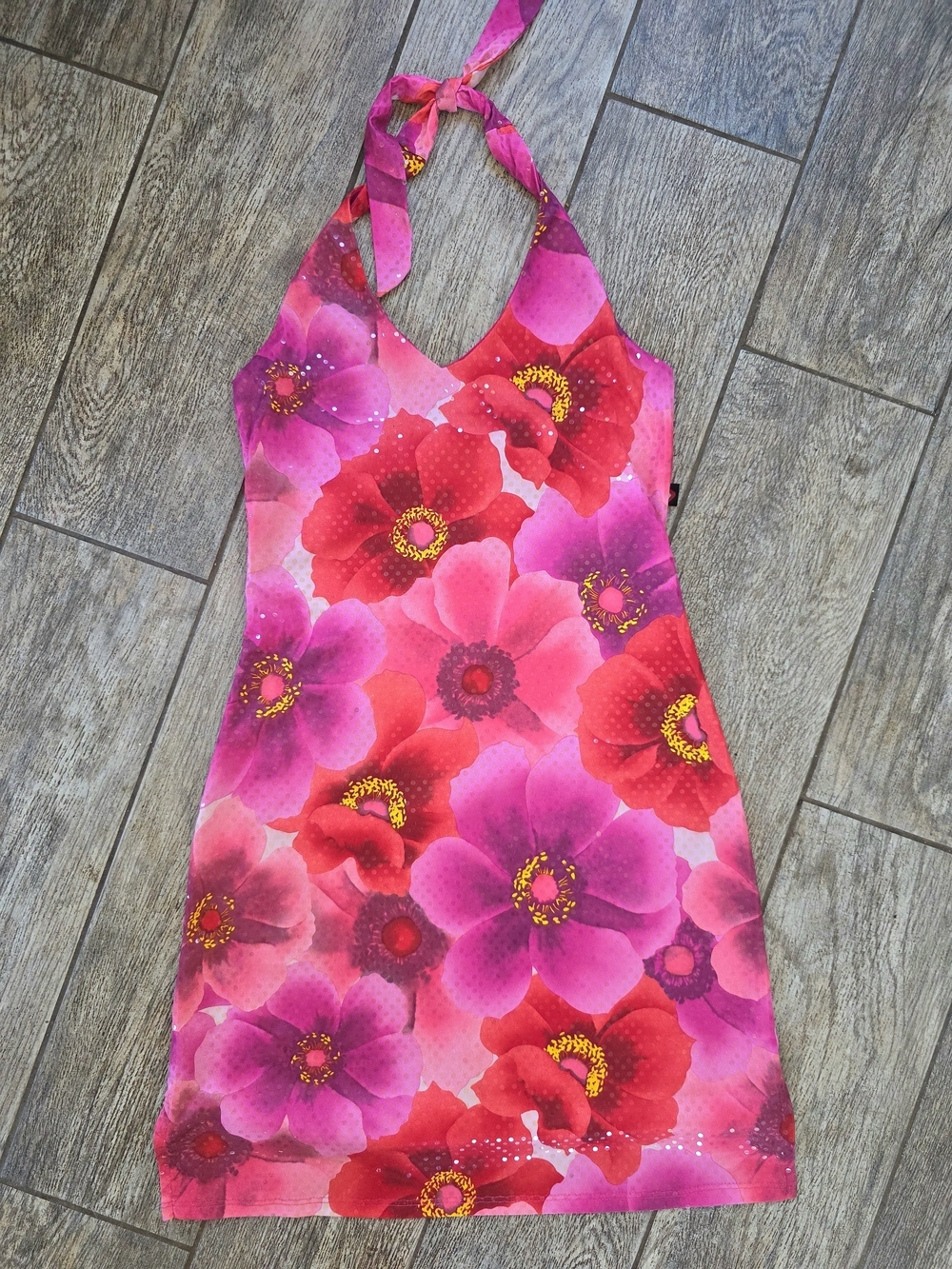 Hot Kiss Pink Red Y2K Vintage Floral Halter Beach Dress Small